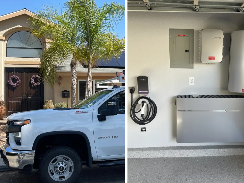 Side-by-side: Aicon Solar truck and residential garage solar equipment.