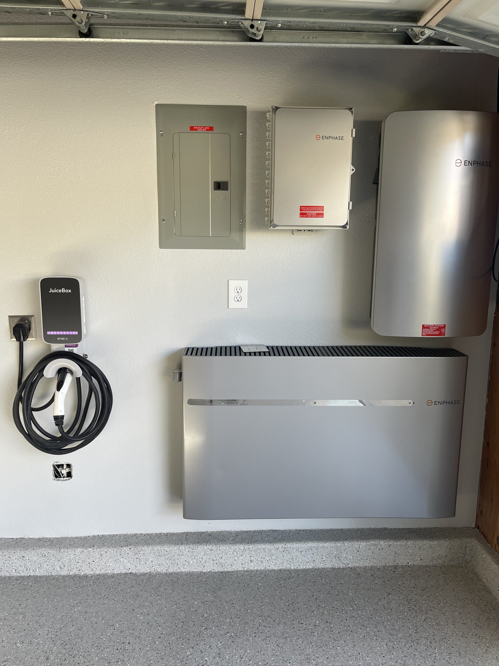 Wall-mounted residential solar power battery and control system setup.